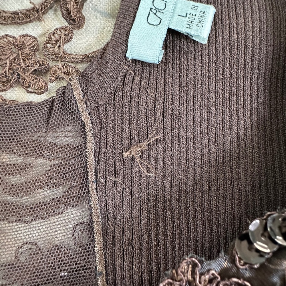 Cache Brown Ribbed Lace Sequin Beaded Sleeveless Tank Top Large 20227 - Picture 13 of 15